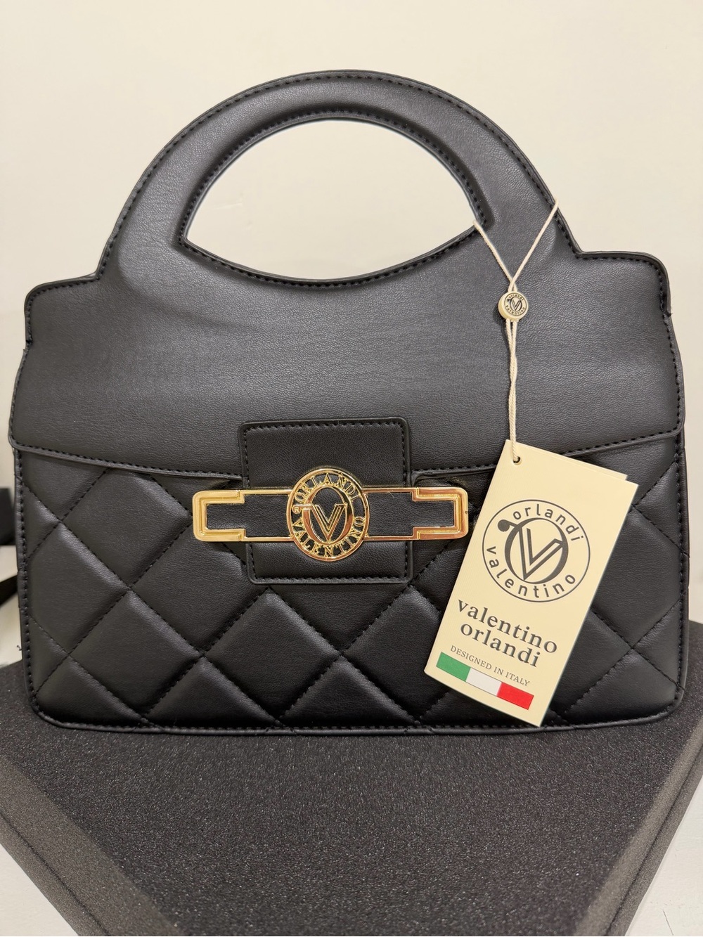 NWT Valentino Orlandi Black Quilted Top-Handle Bag with Gold Accent W/ Crossbody - Picture 4 of 9